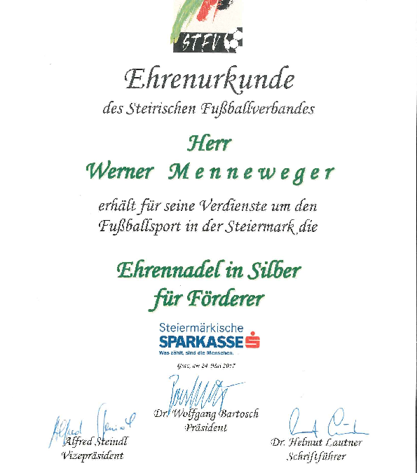 EHRENURKUNDE für unseren GF Werner Menneweger